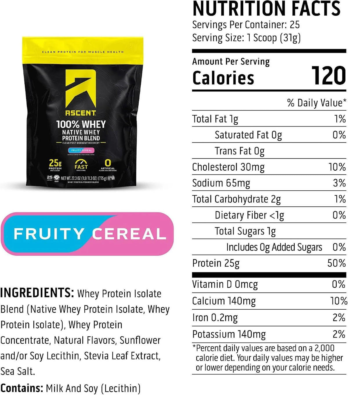 Ascent 100% Whey Protein Powder, Fruity Cereal, 1.7 lb, Daily Protein