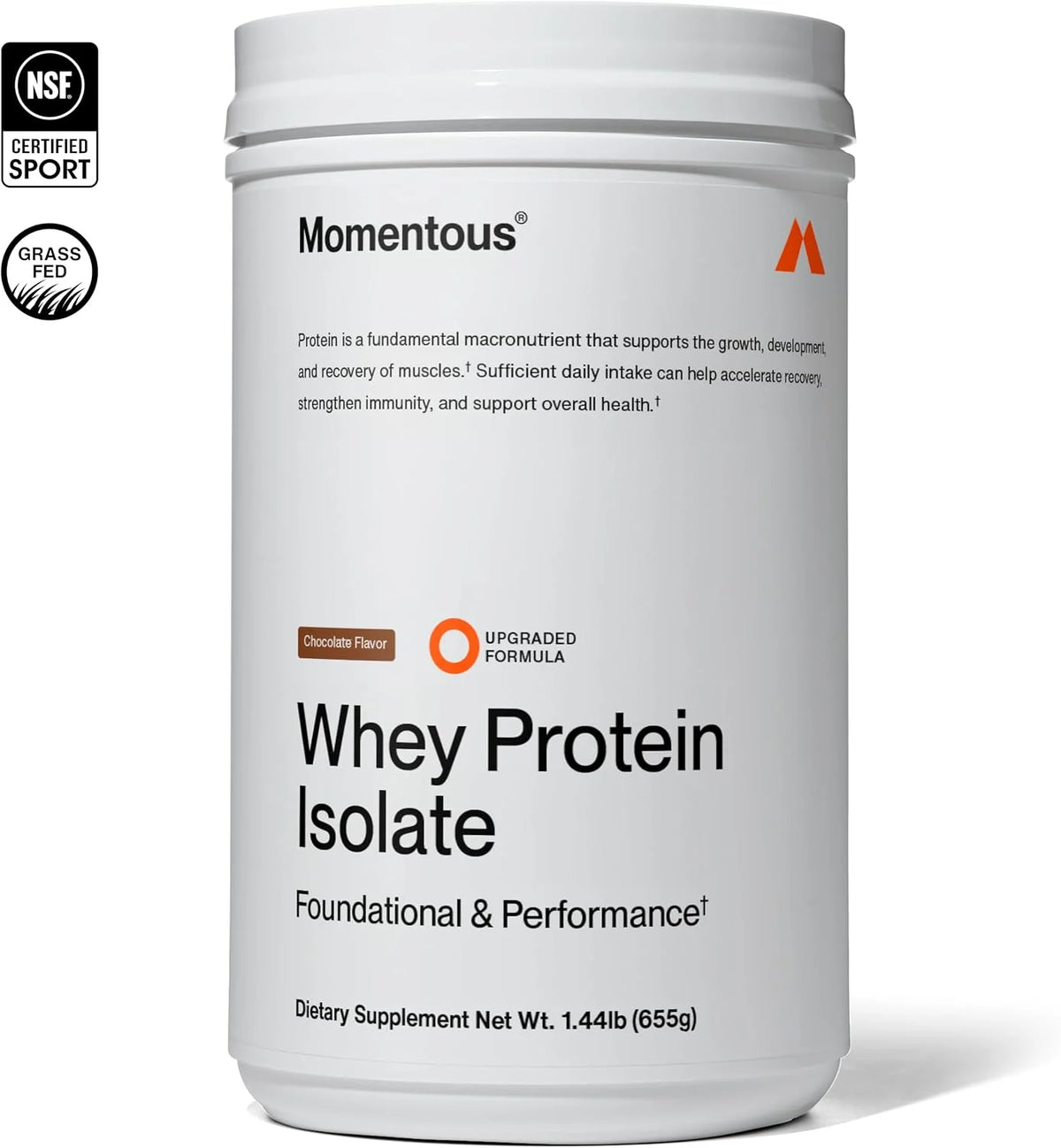 Momentous Grass-Fed Whey Protein Isolate Powder, 20g, Chocolate