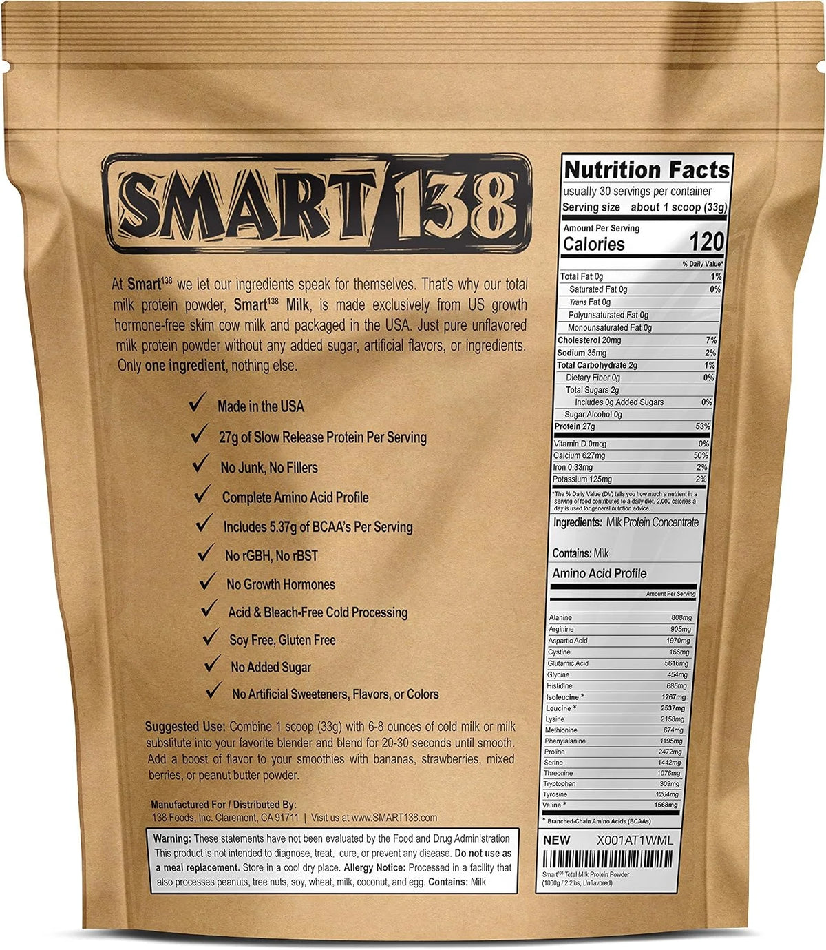 Smart138 Total Milk Protein - 80% Casein 20% Whey - RBST/rBGH Hormone Free, Gluten-Free, Soy-Free, Non-GMO, USA, Keto Low Carb, Natural BCAAs (1000g / 2.2lbs, Unflavored)
