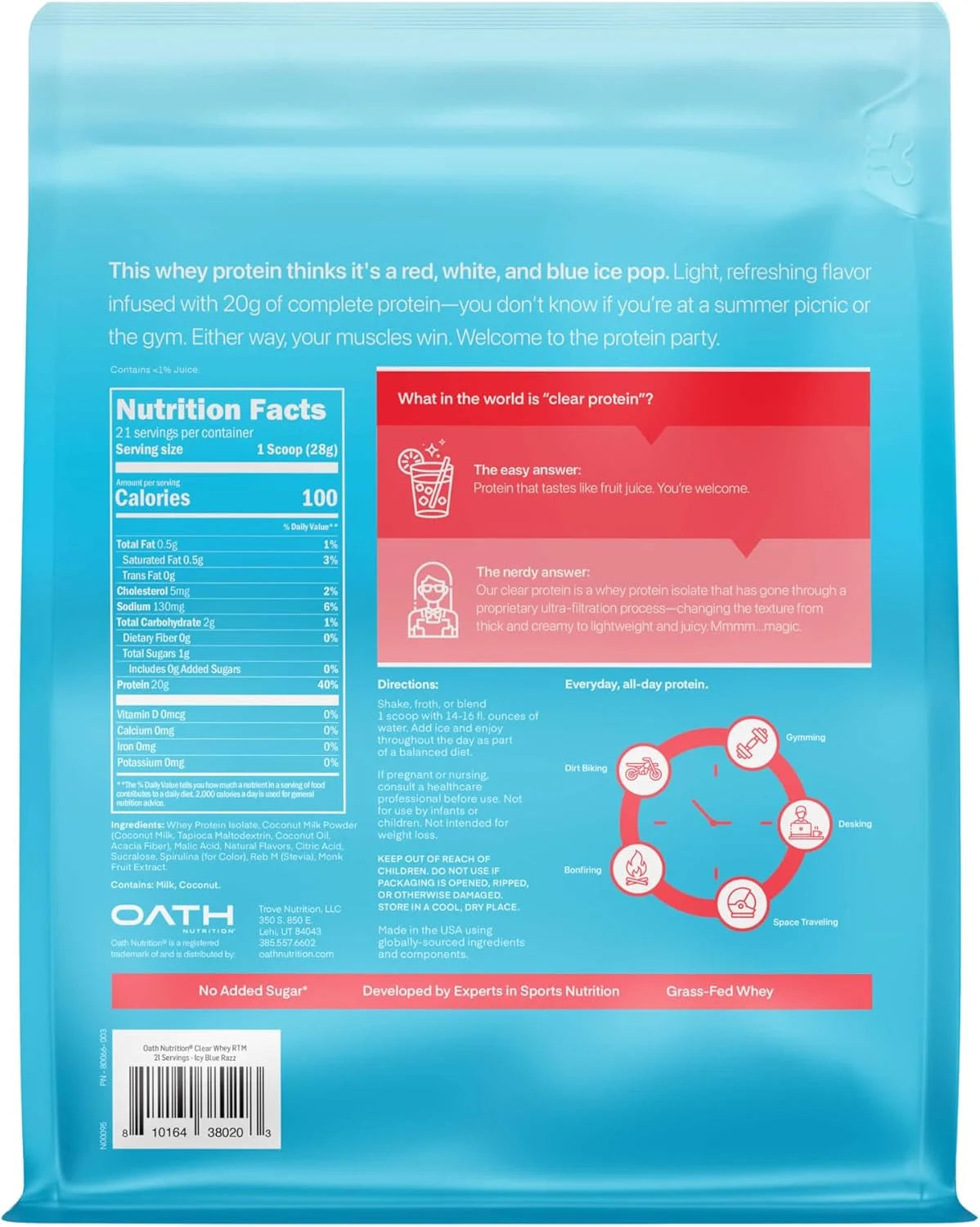 Oath Nutrition Clear Whey Isolate Protein Powder, ICY Blue Razz, 20g Complete Protein per Serving, No Added Sugar, Grass-Fed, 21 Servings