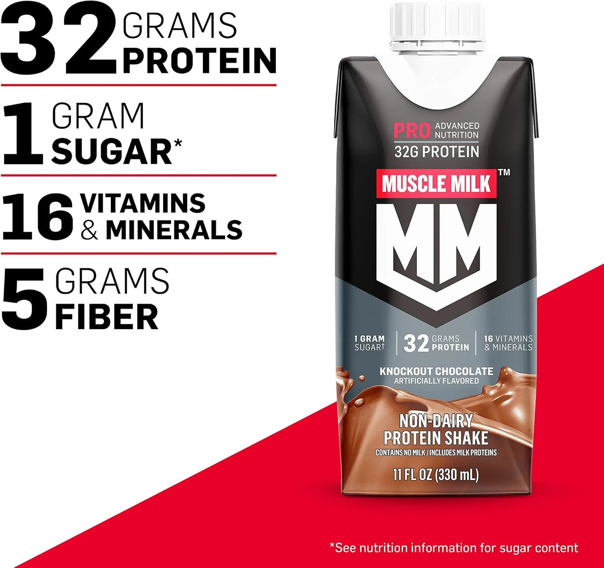 Muscle Milk Pro Advanced Nutrition Protein Shake, Knockout Chocolate, 11 Fl Oz Carton, 12 Pack, 32g Protein, 1g Sugar, 16 Vitamins & Minerals, 5g Fiber, Workout Recovery, Packaging May Vary