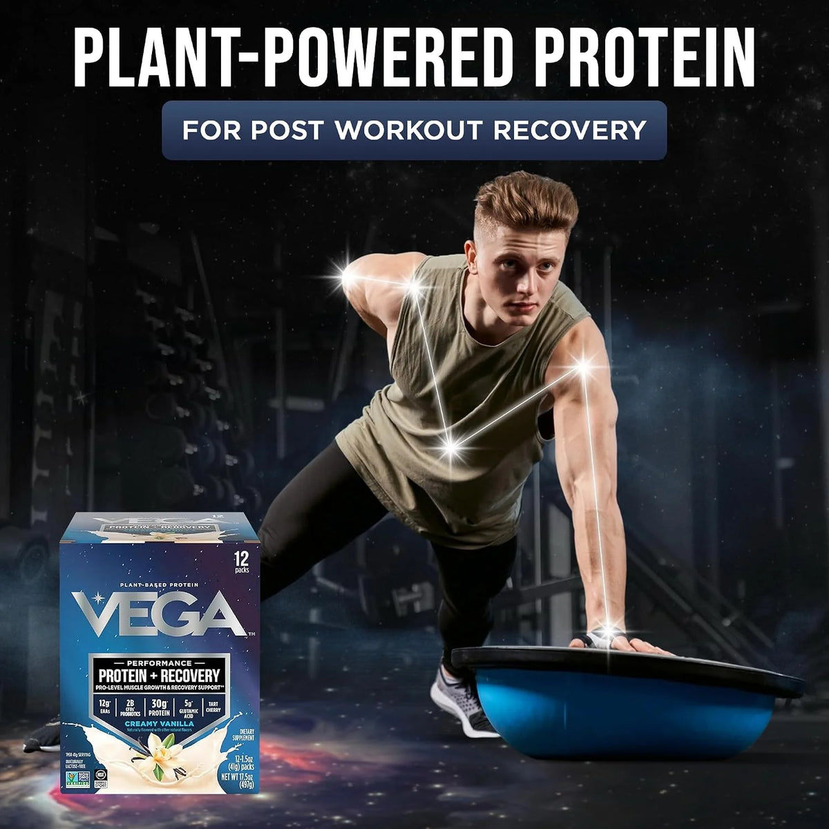 Vega Protein + Recovery, Vanilla – 30g Vegan Protein, Dairy & Gluten Free, Probiotics, NSF Certified, 12 x 1.6 oz (12 Servings)