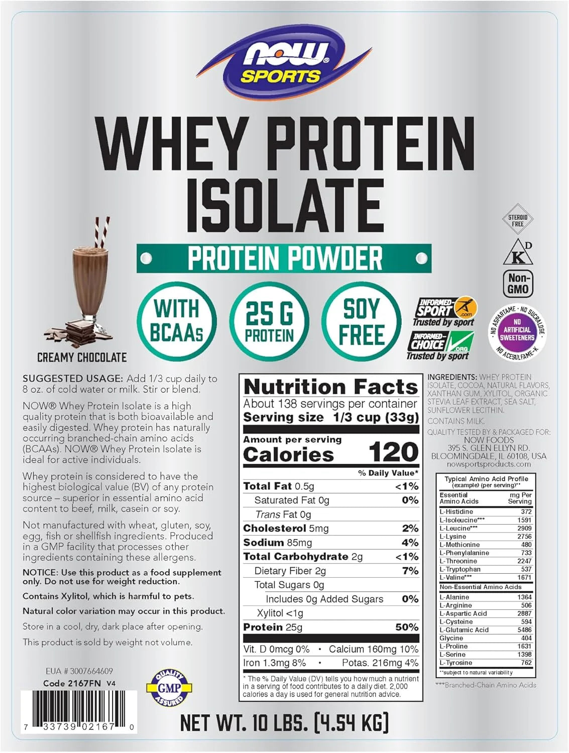 NOW Sports, Whey Protein Isolate 25 g With BCAAs, Chocolate Flavor, 10 lbs