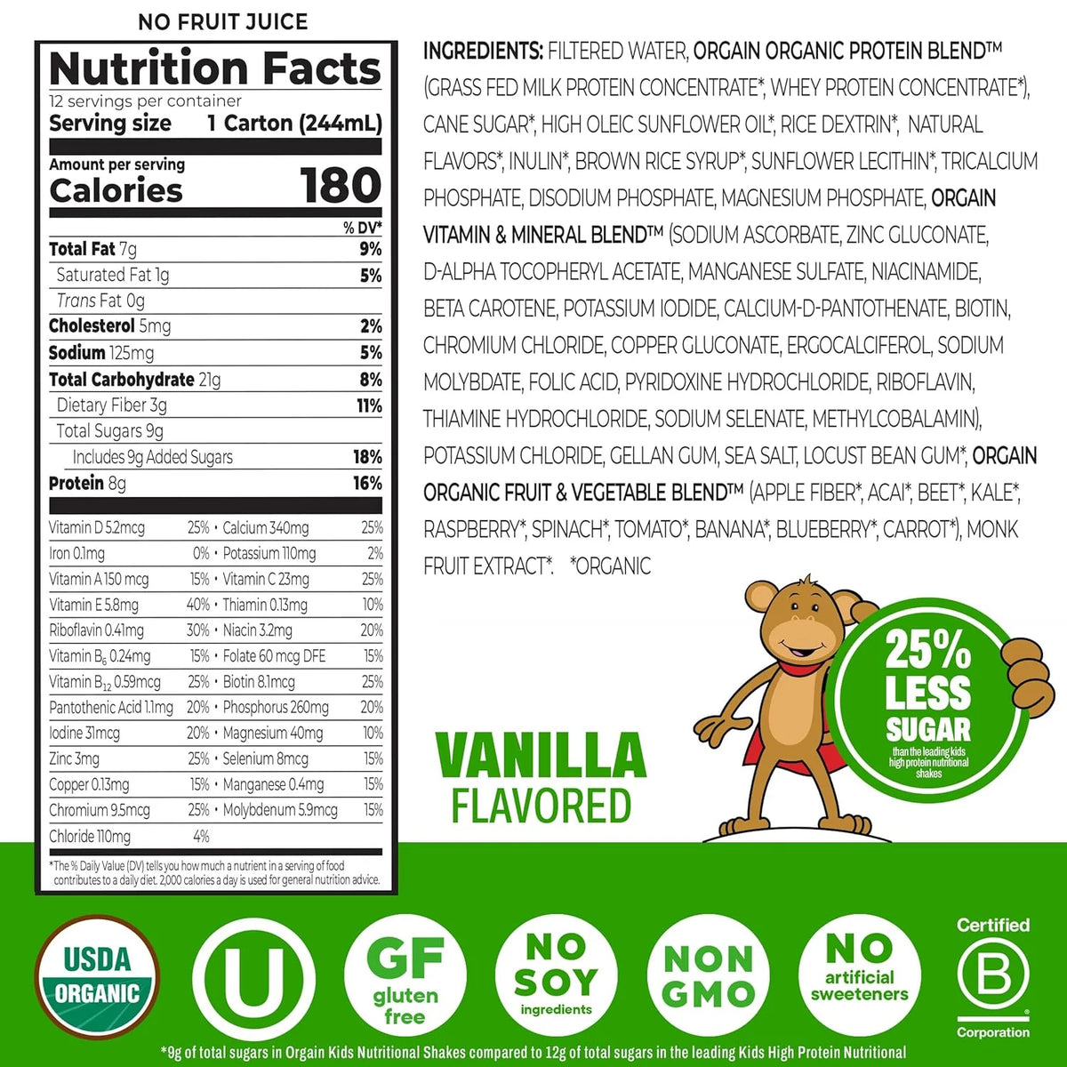 Orgain Organic Kids Protein Nutritional Shake, Vanilla + Chocolate, 8.25 Fl Oz (Pack of 4)