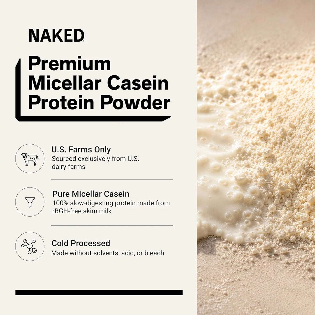 NAKED Casein - 1Lb Micellar Casein Protein - Bulk, Zero Carb, NSF Certified, GMO-Free, Gluten Free, Soy Free, Preservative Free - Stimulate Muscle Growth - Enhance Recovery - 15 Servings