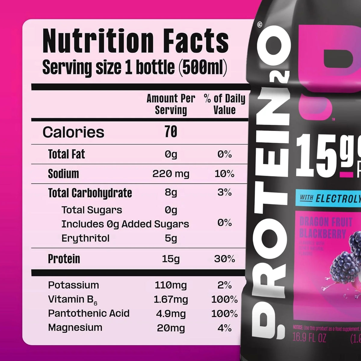 Protein2o Hydration Drink - 2-in-1 Liquid Clear Whey Protein Isolate and Electrolyte Drink - 15g Protein, Vitamins B5, B6 - Post-Workout Recovery - 16.9 Fl Oz - 12 Count Dragon fruit Blackberry