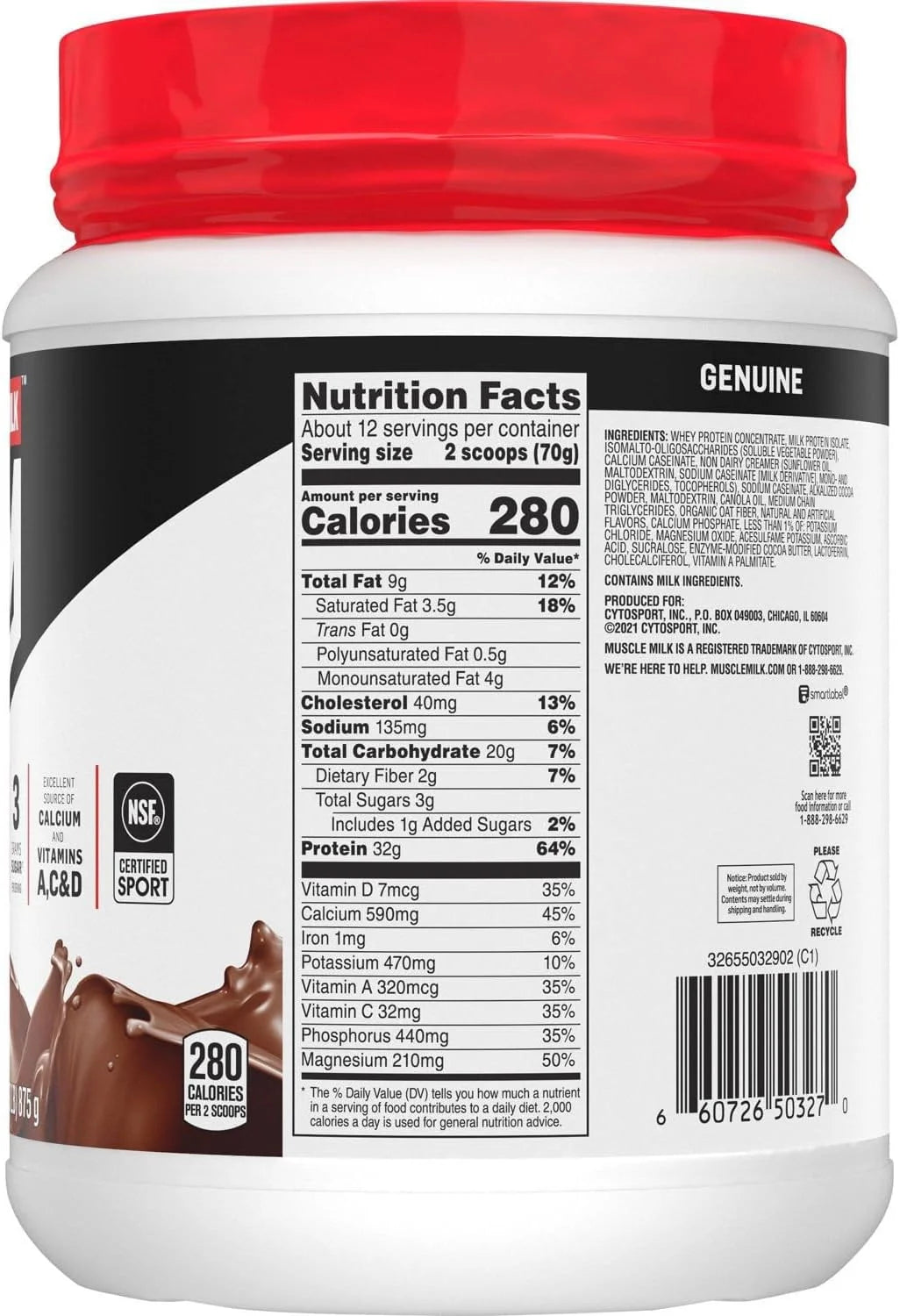 Muscle Milk Genuine Protein Powder, Chocolate, 1.93 Pounds, 13 Servings, 32g Protein, 2g Sugar, Calcium, Vitamins A, C & D, NSF Certified for Sport, Energizing Snack, Packaging May Vary