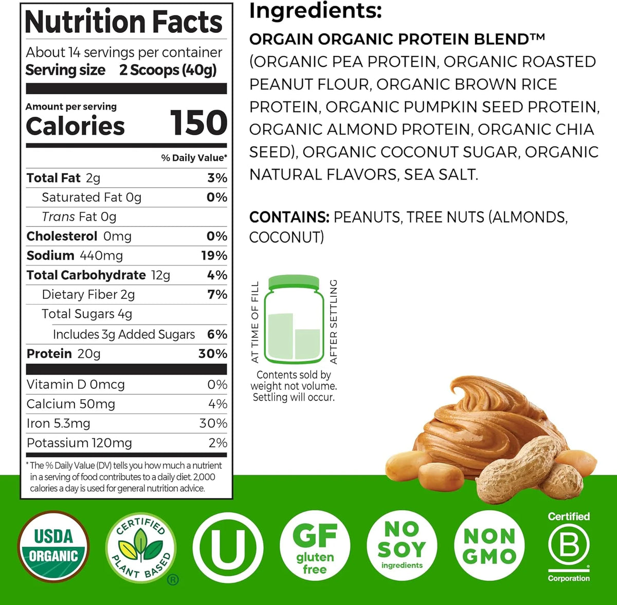 Orgain Organic Simple 20g Vegan Protein Powder, Peanut Butter, 1.25lb