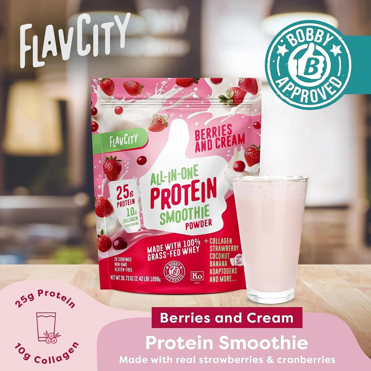 FlavCity All-in-One Protein Smoothie Powder, Berries & Cream, 20 Servings