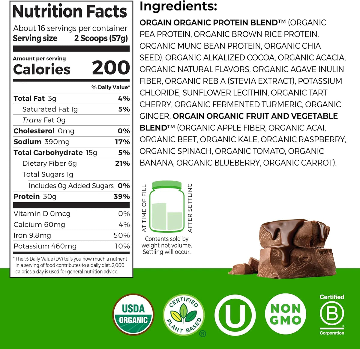 Orgain Organic Vegan 30g High Protein Powder, Chocolate, 2.01 lb