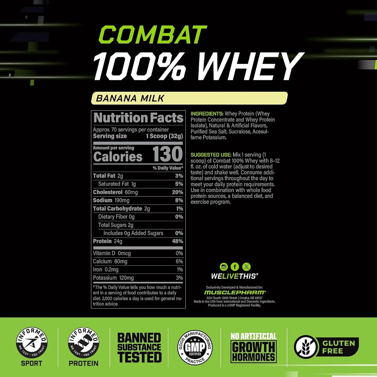 Muscle Pharm Combat 100% Whey Protein Powder | Banana Milk - 5 lb