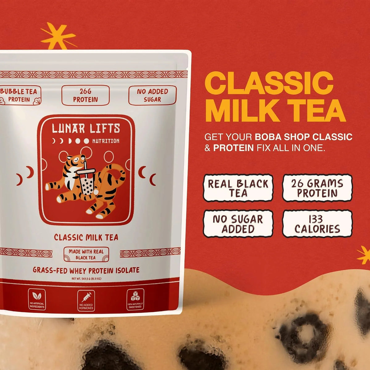 Lunar Lifts Classic Milk Tea Boba Protein Powder, 15 Servings