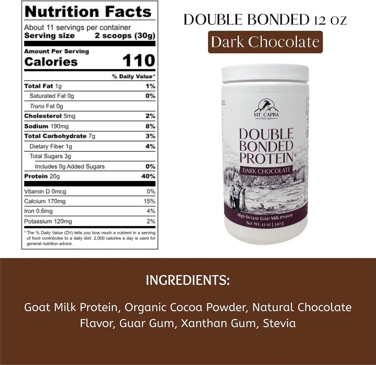 Mt. Capra Double Bonded Protein | Dark Chocolate Goat Milk Protein | 12 oz