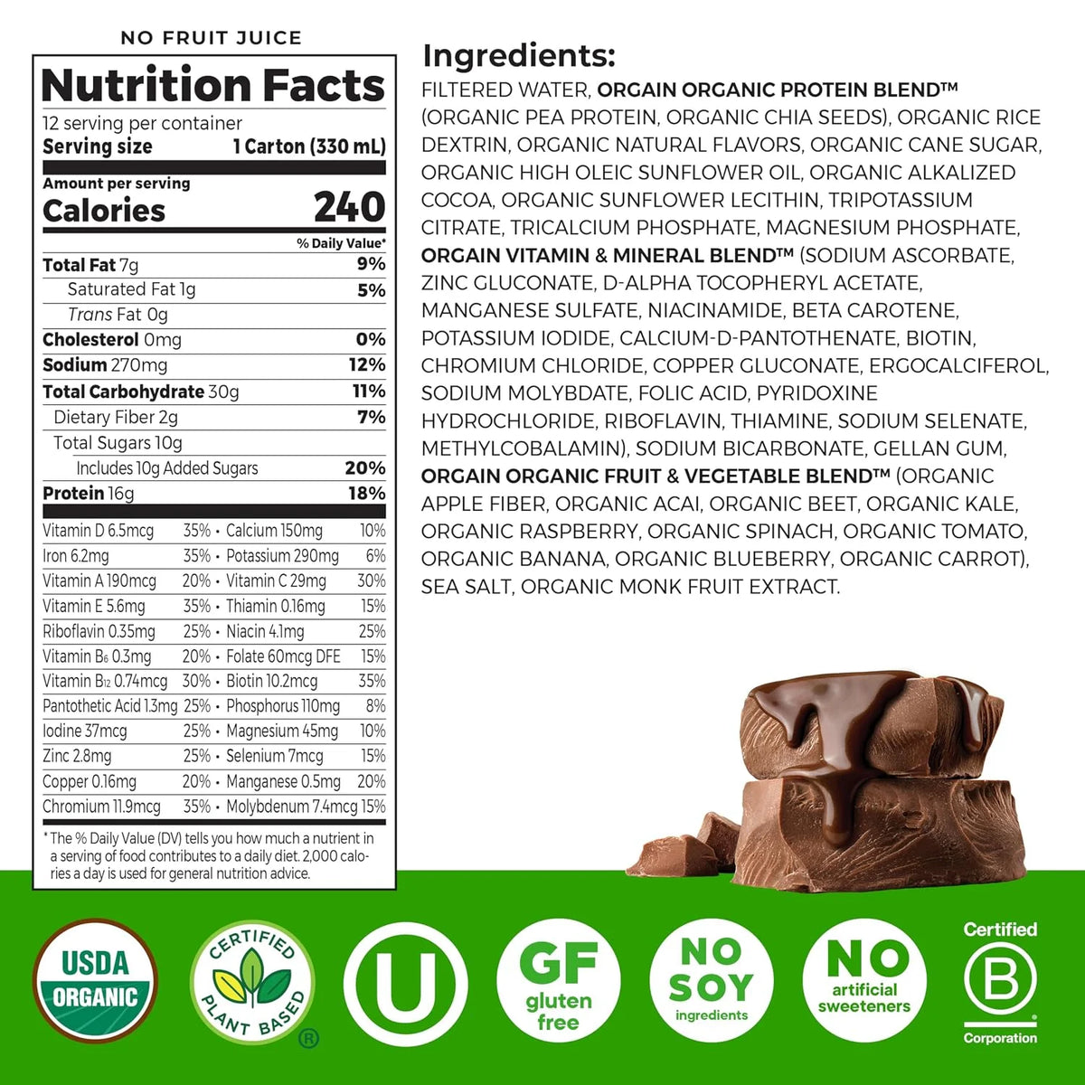 Orgain Organic Nutritional Vegan 16g Protein Shake, Chocolate, 11 oz, 12pk
