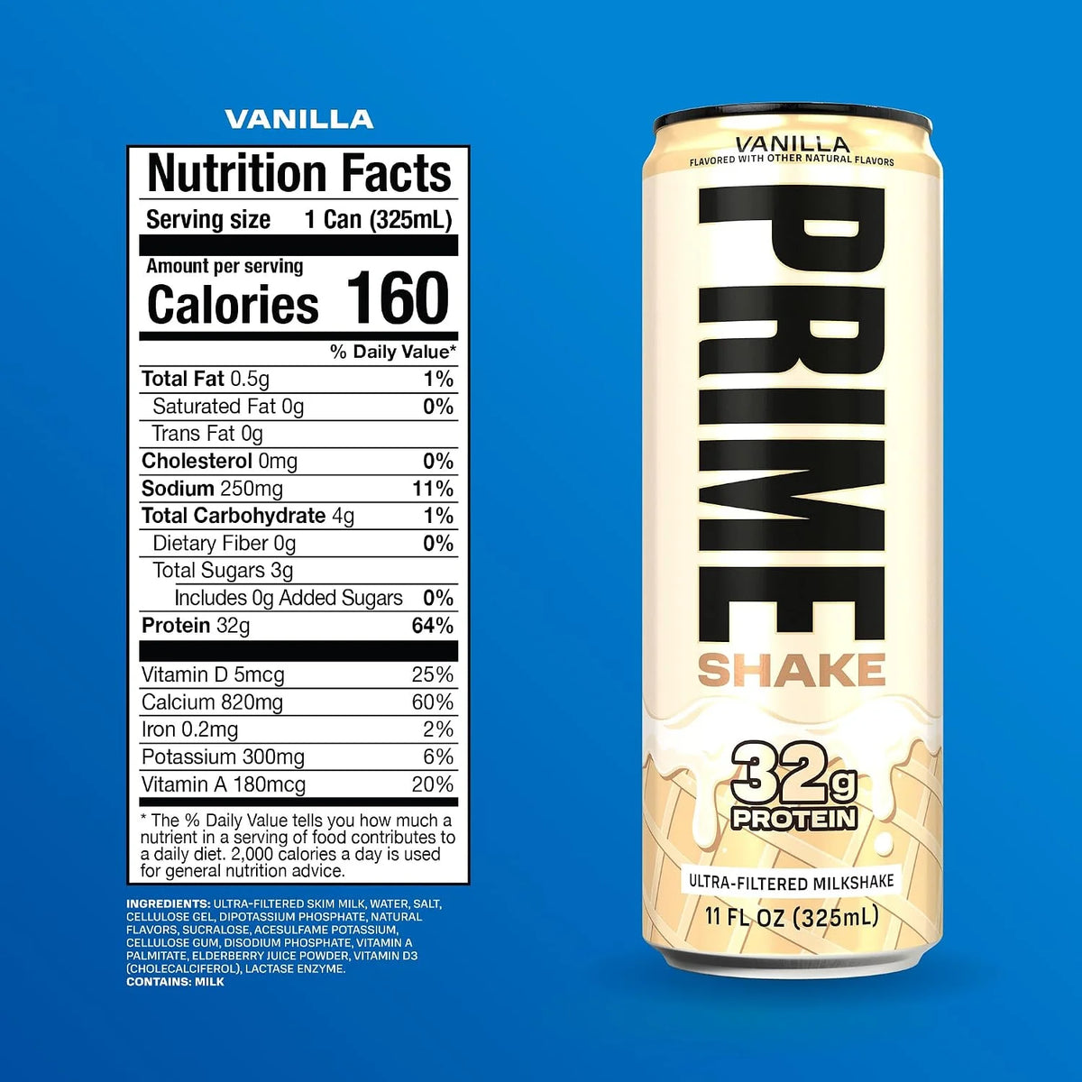 PRIME Shakes, Vanilla, 32g Protein Shake for Muscle Support & Recovery, Ultra-Filtered Milk, Lactose Free, Low Sugar, Low Calorie, Ready to Drink, 11 fl oz, 12 Pack