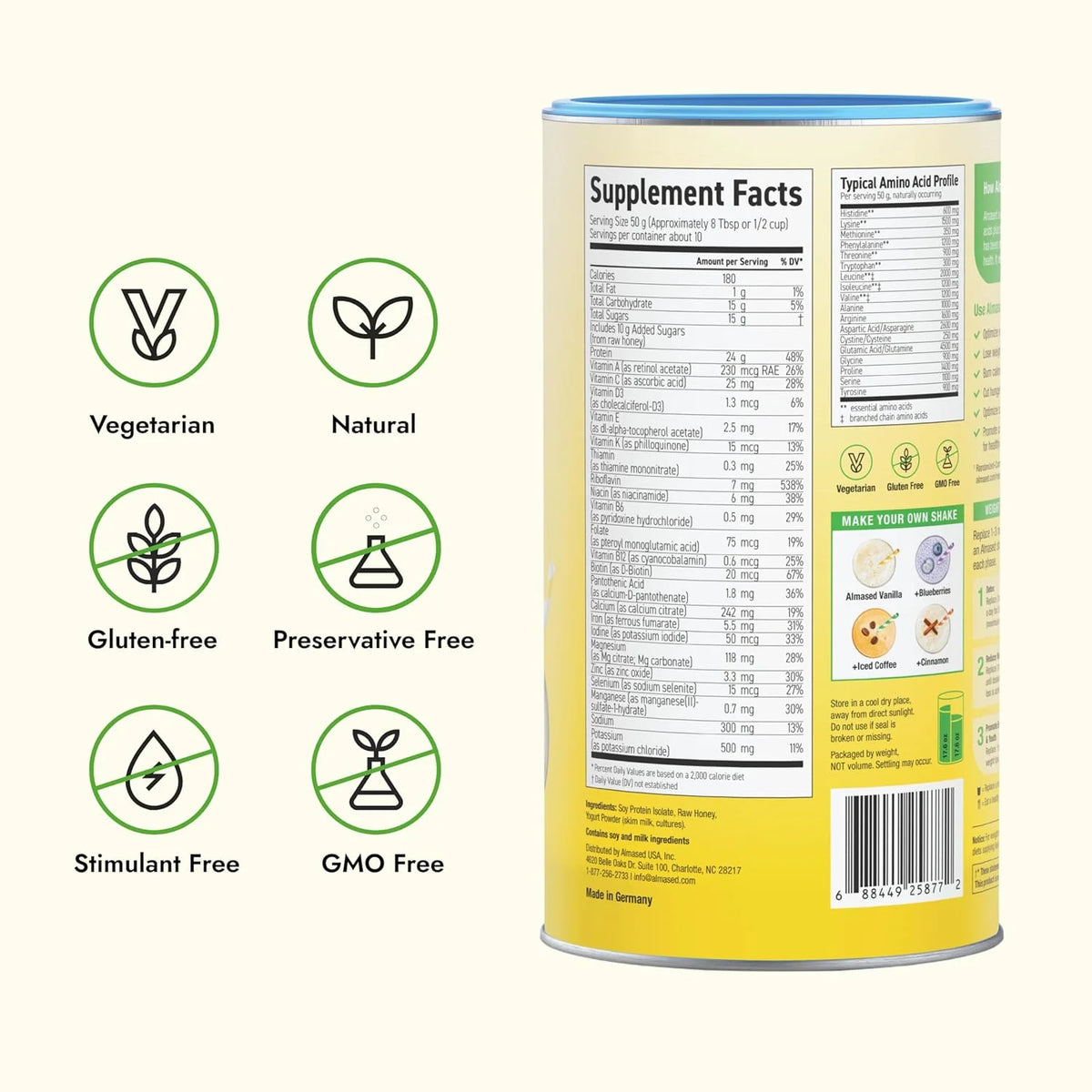 Almased Vanilla Meal Replacement Shake - Low-Glycemic High Plant Base Protein Powder- Nutritional Weight Health Support Supplement - Vanilla Flavor - 17.6 oz (1.1 Pound (4 Pack))