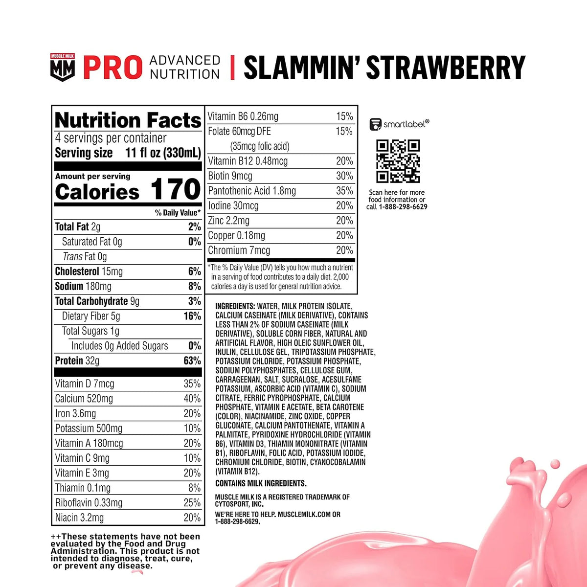 Muscle Milk Pro Advanced Nutrition Protein Shake, Slammin' Strawberry, 11 Fl Oz Carton, 12 Pack, 32g Protein, 1g Sugar, 16 Vitamins & Minerals, 5g Fiber, Workout Recovery, Bottle, Packaging May Vary