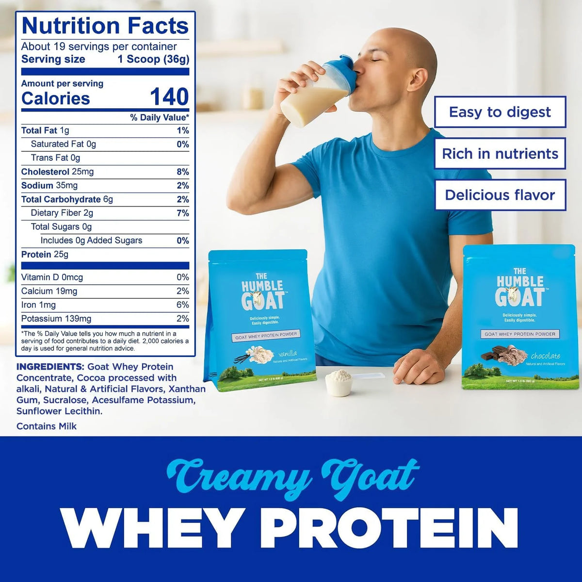 Grass Fed Whey Protein Powder Chocolate 1.5 lb – Made from Goat Milk, Easy to Digest, Clean Taste, Non-GMO, Gluten-Free & Versatile Chocolate Whey Protein Powder, Made in USA