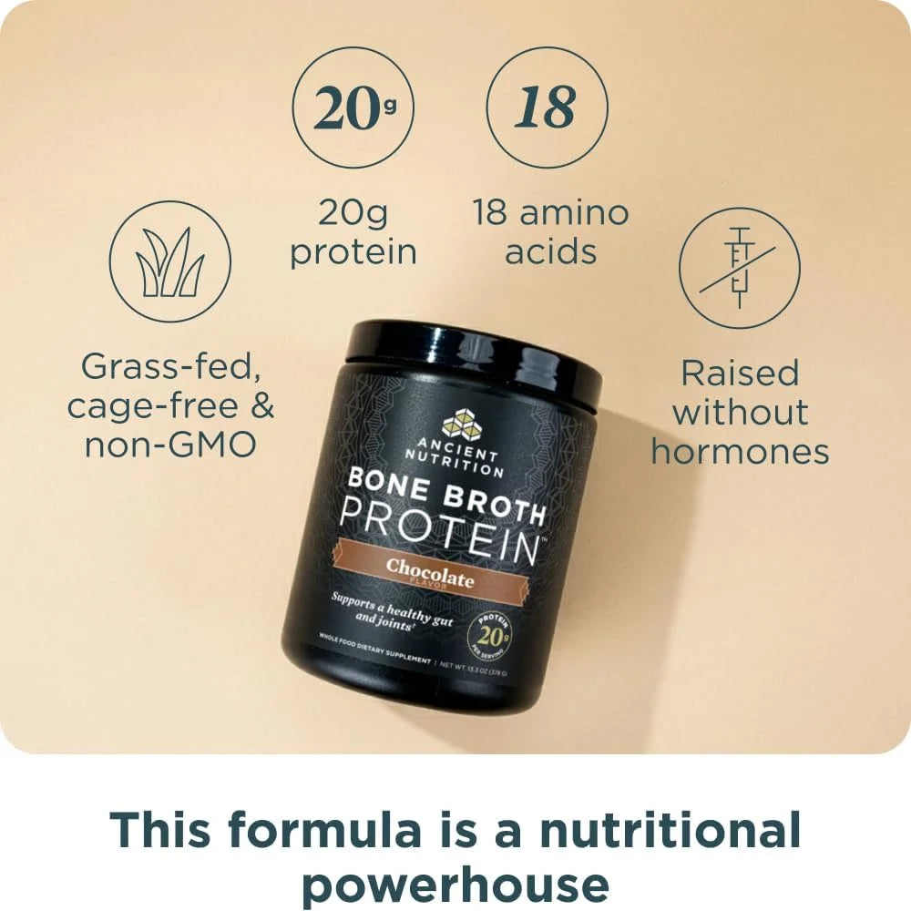 Ancient Nutrition Grass Fed Bone Broth Protein Powder, Chocolate