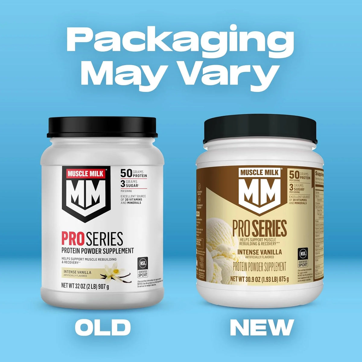 Muscle Milk Pro Series Protein Powder Supplement, Intense Vanilla, 2 Pound, 11 Servings, 50g Protein, 3g Sugar, 20 Vitamins & Minerals, NSF Certified for Sport, Workout Recovery, Packaging May Vary