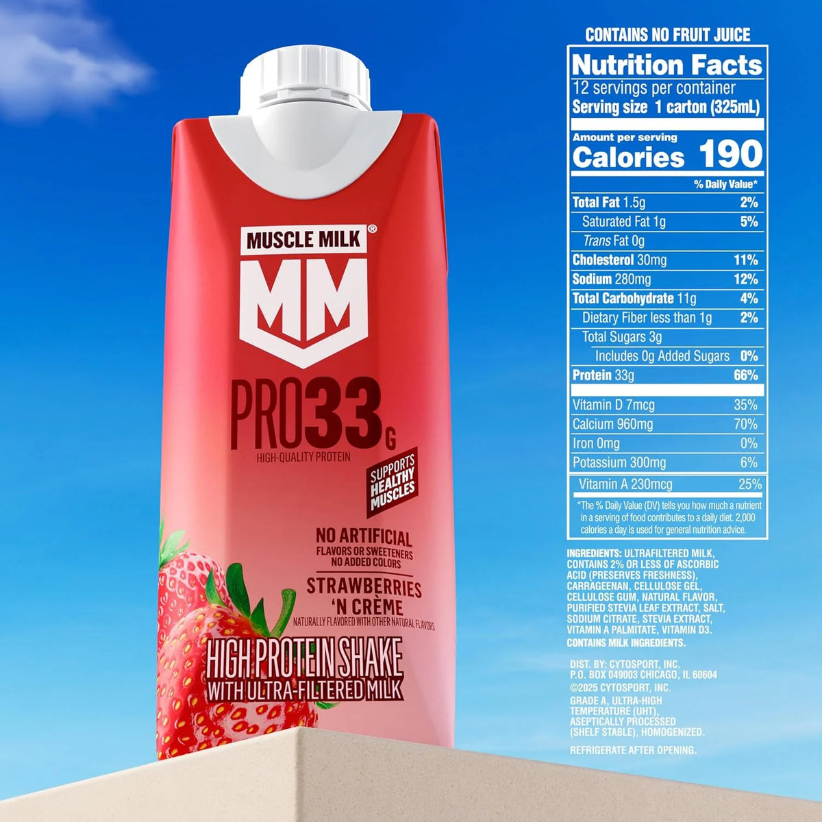 Muscle Milk Pro High Protein Shake, Strawberries 'N Creme, 11 fl oz Cartons, (4 Pack) Ultra-Filtered Milk, 33g High Quality Protein, 3g Sugar, 190 Calories, No Artificial Flavors, No Artificial Sweeteners, No Added Colors