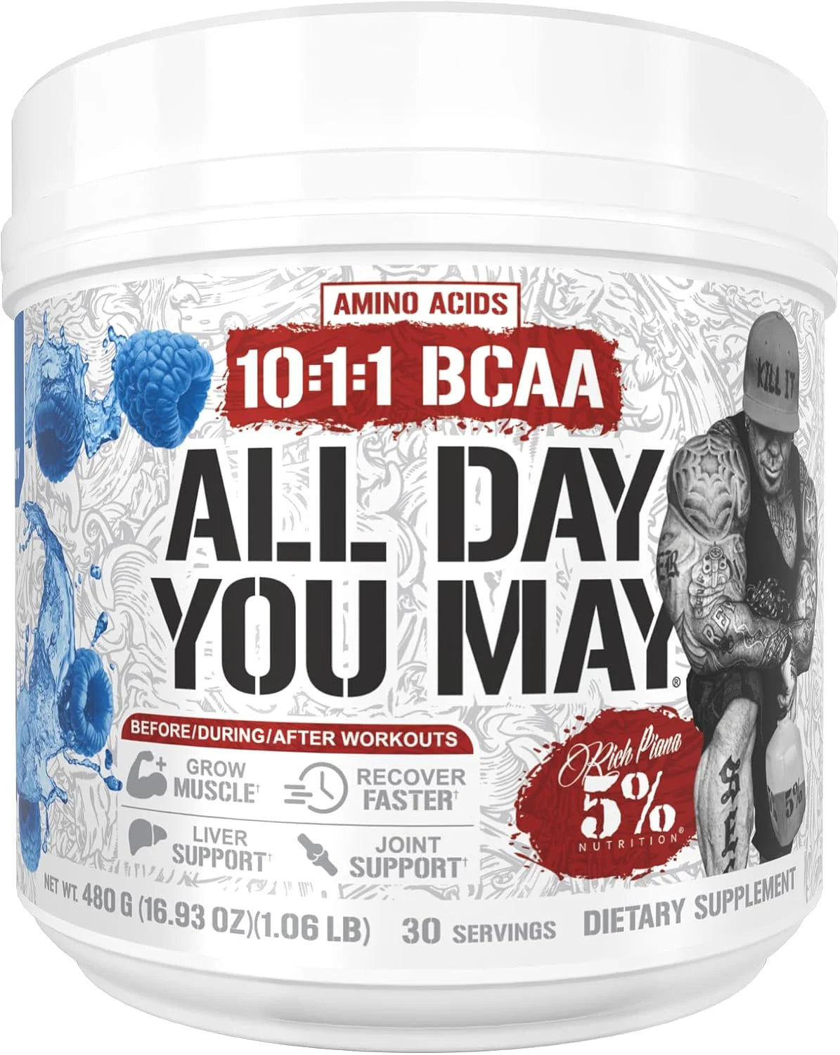 5% Nutrition AllDayYouMay BCAA Powder and EAAs (Peach Tea)