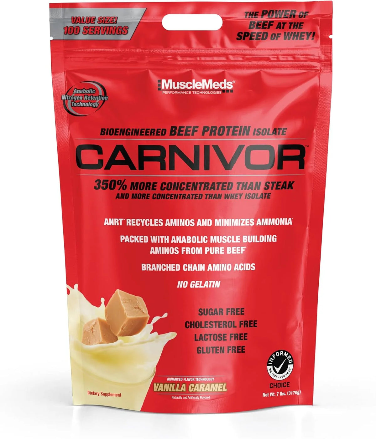 MuscleMeds Carnivor Beef Protein Isolate, 0 Lactose, 0 Sugar, 0 Fat, 0 Cholesterol, Halal Certified, Vanilla Caramel, 7 Lb, 100 Servings