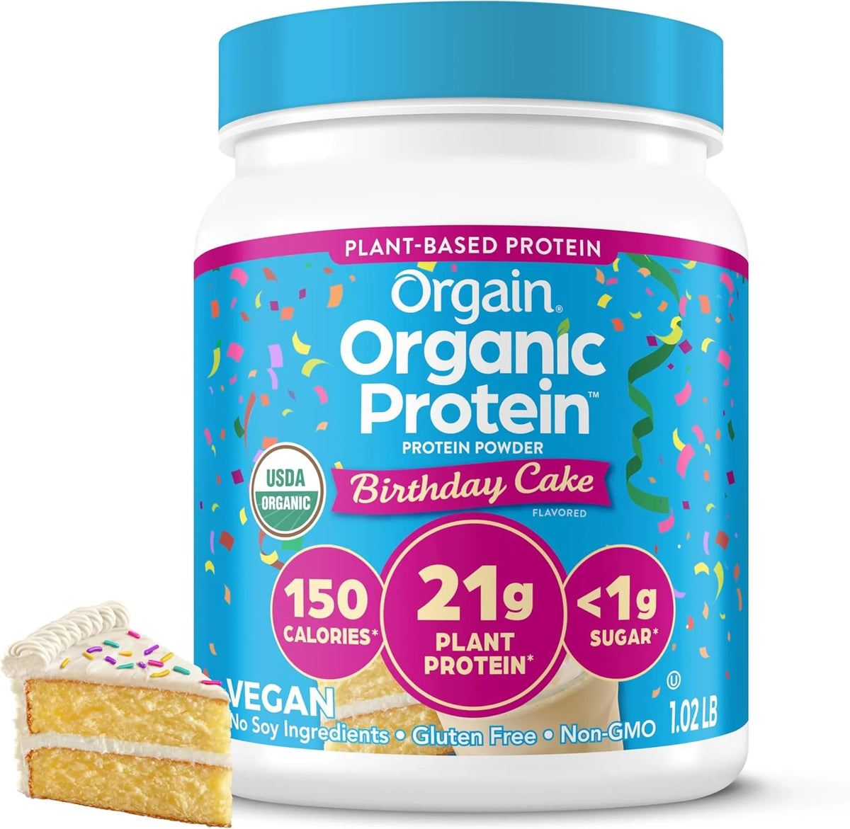 Orgain Organic Vegan 21g Protein Powder, Birthday Cake, 1.02 Pound (Pack of 6)