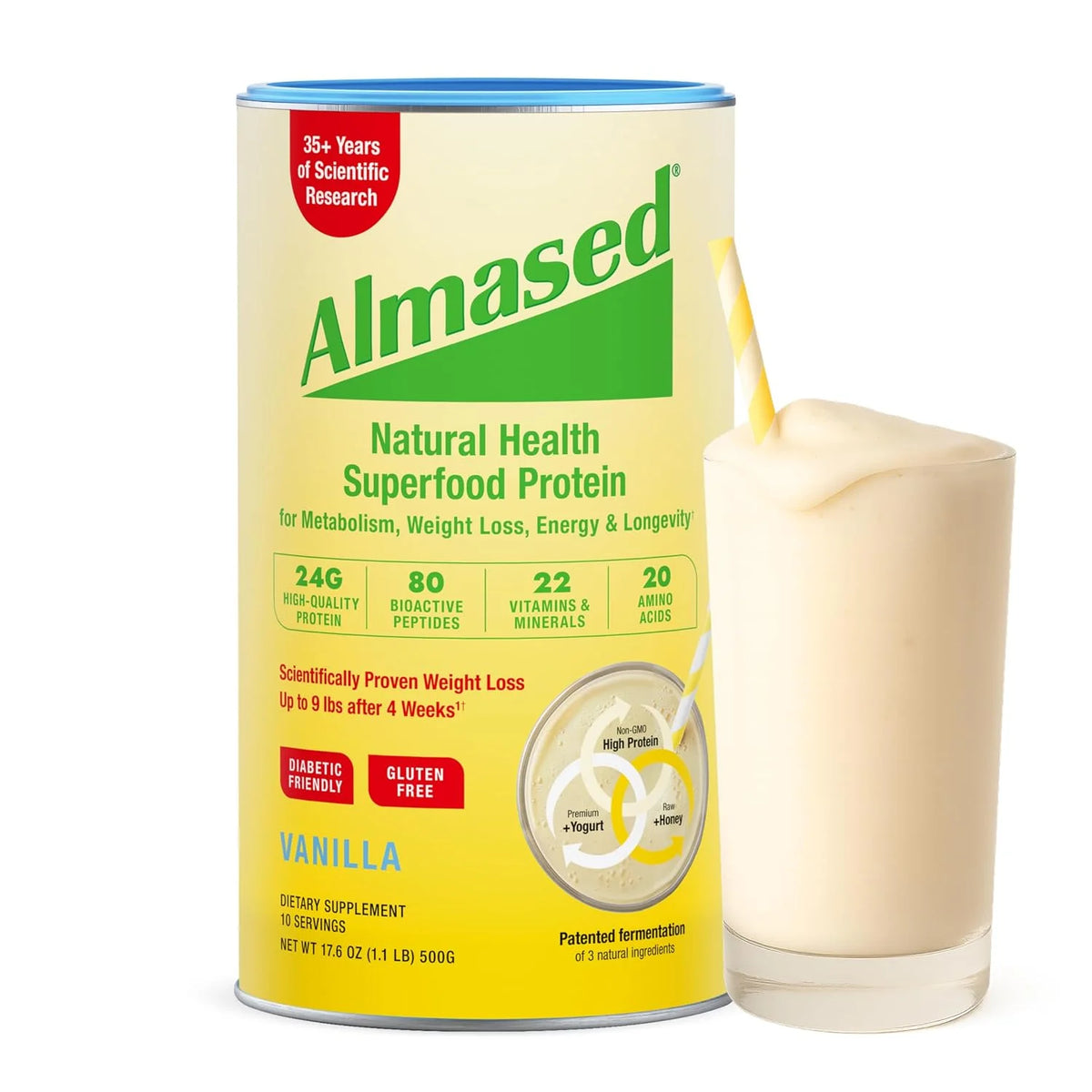 Almased Vanilla Meal Replacement Shake - Low-Glycemic High Plant Base Protein Powder- Nutritional Weight Health Support Supplement - Vanilla Flavor - 17.6 oz (1.1 Pound (4 Pack))