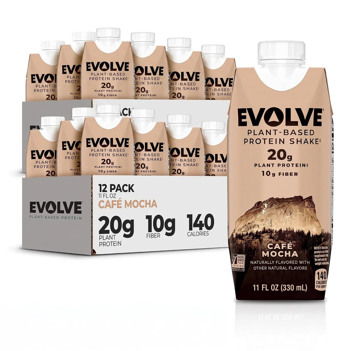 Evolve Plant Based Protein Shake, Café Mocha, 20g Vegan Protein, Dairy Free, No Artificial Sweeteners, Non-GMO, 10g Fiber, 11oz, (24 Pack) (Formula May Vary)