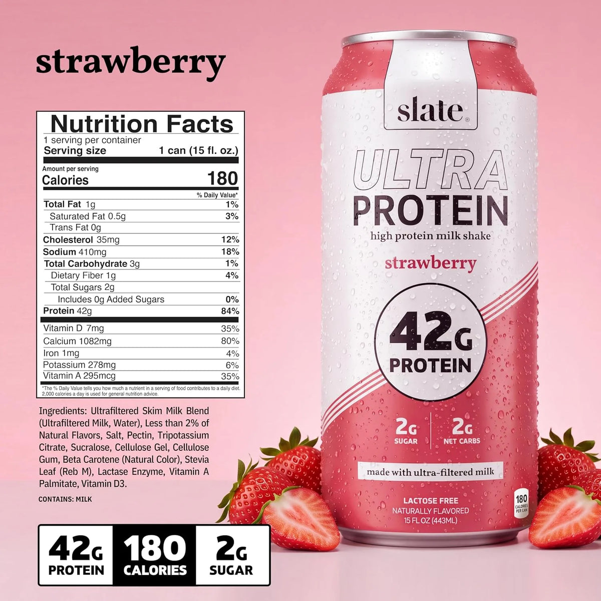Slate Milk Strawberry Ultra 42g High Protein Milk Shake (12 Cans)