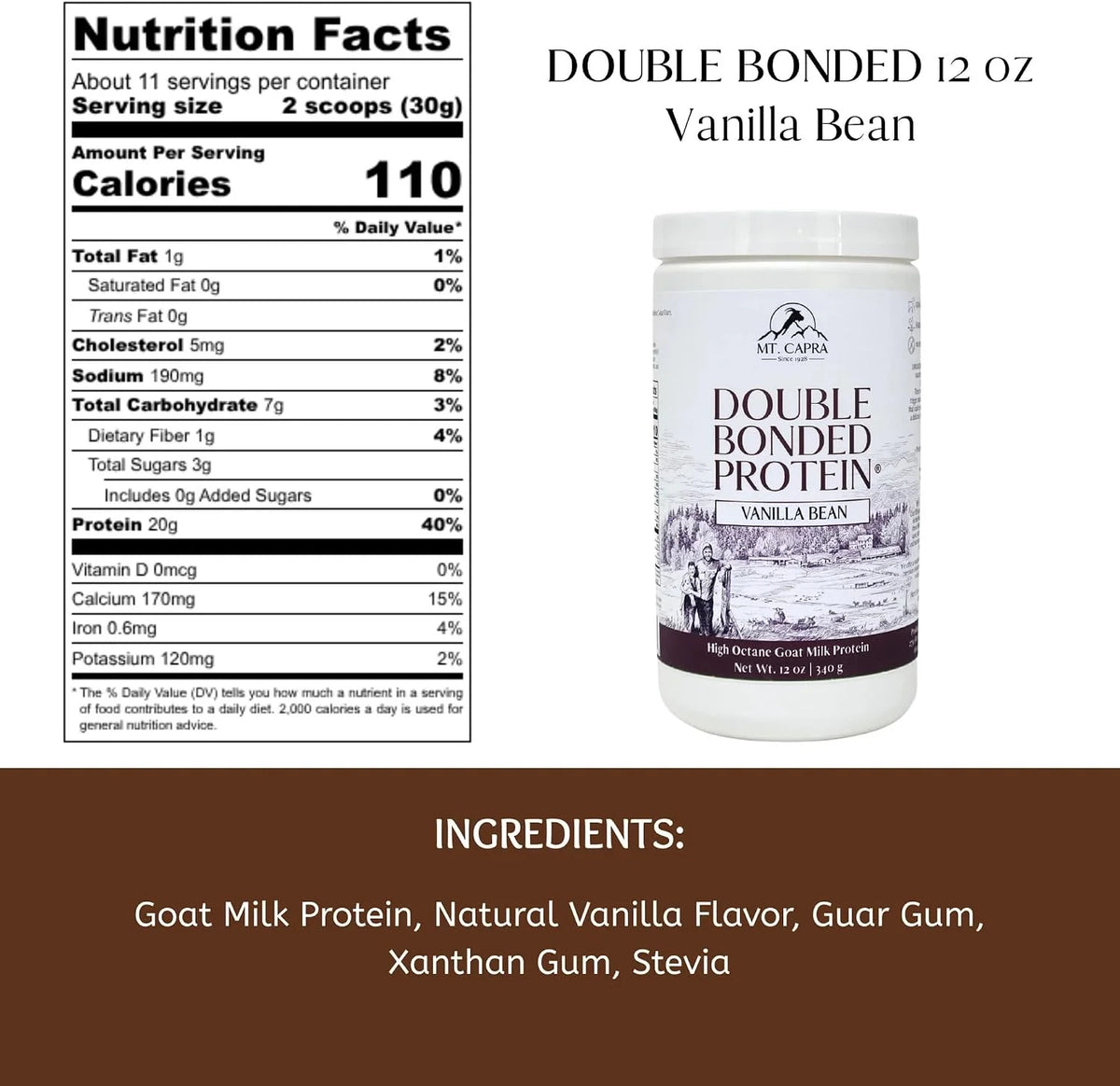 Mt. Capra Double Bonded Protein | Vanilla Bean | 11 Servings - 12 Ounces