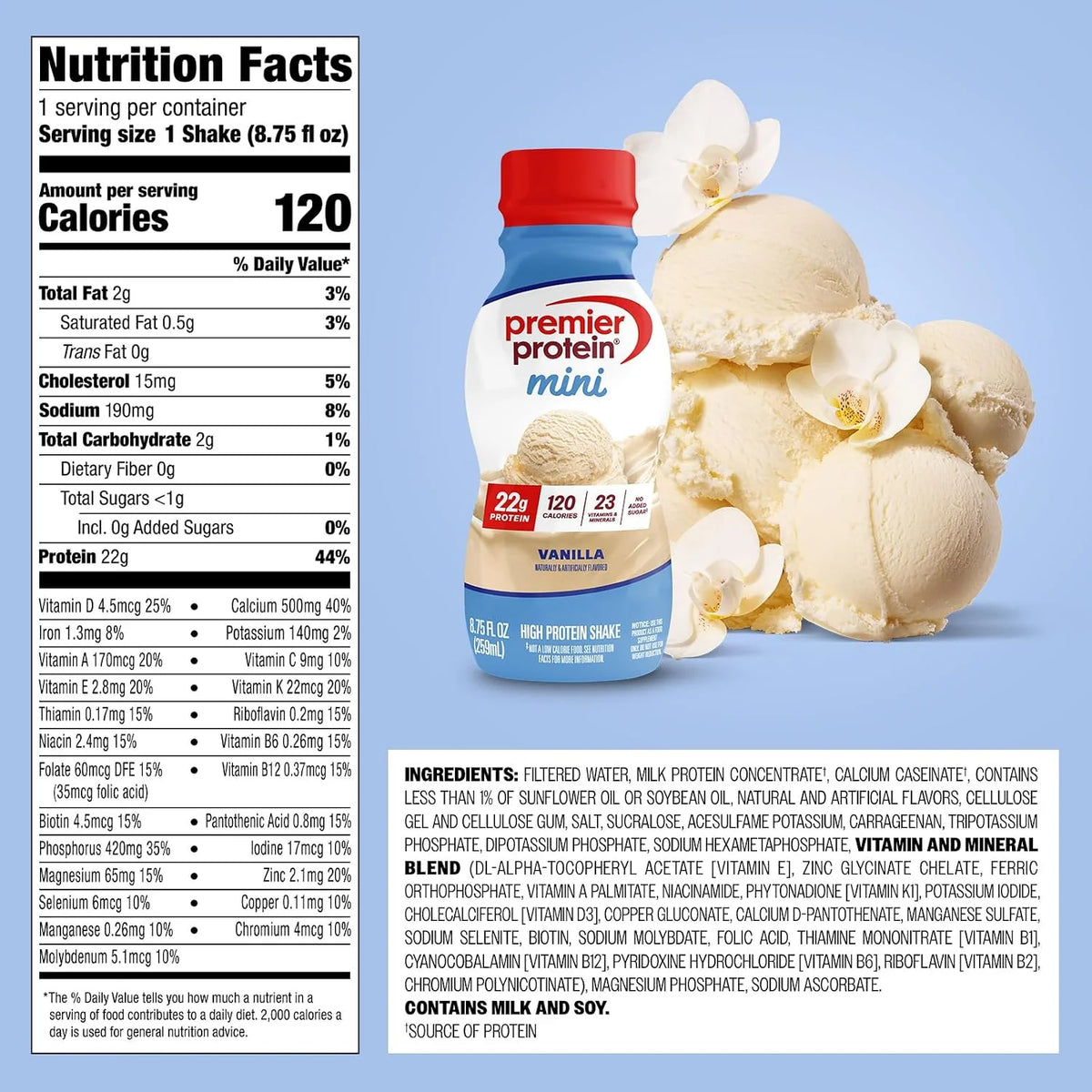Premier Protein MINIs 22g Protein Shake, Vanilla, 12 Pack