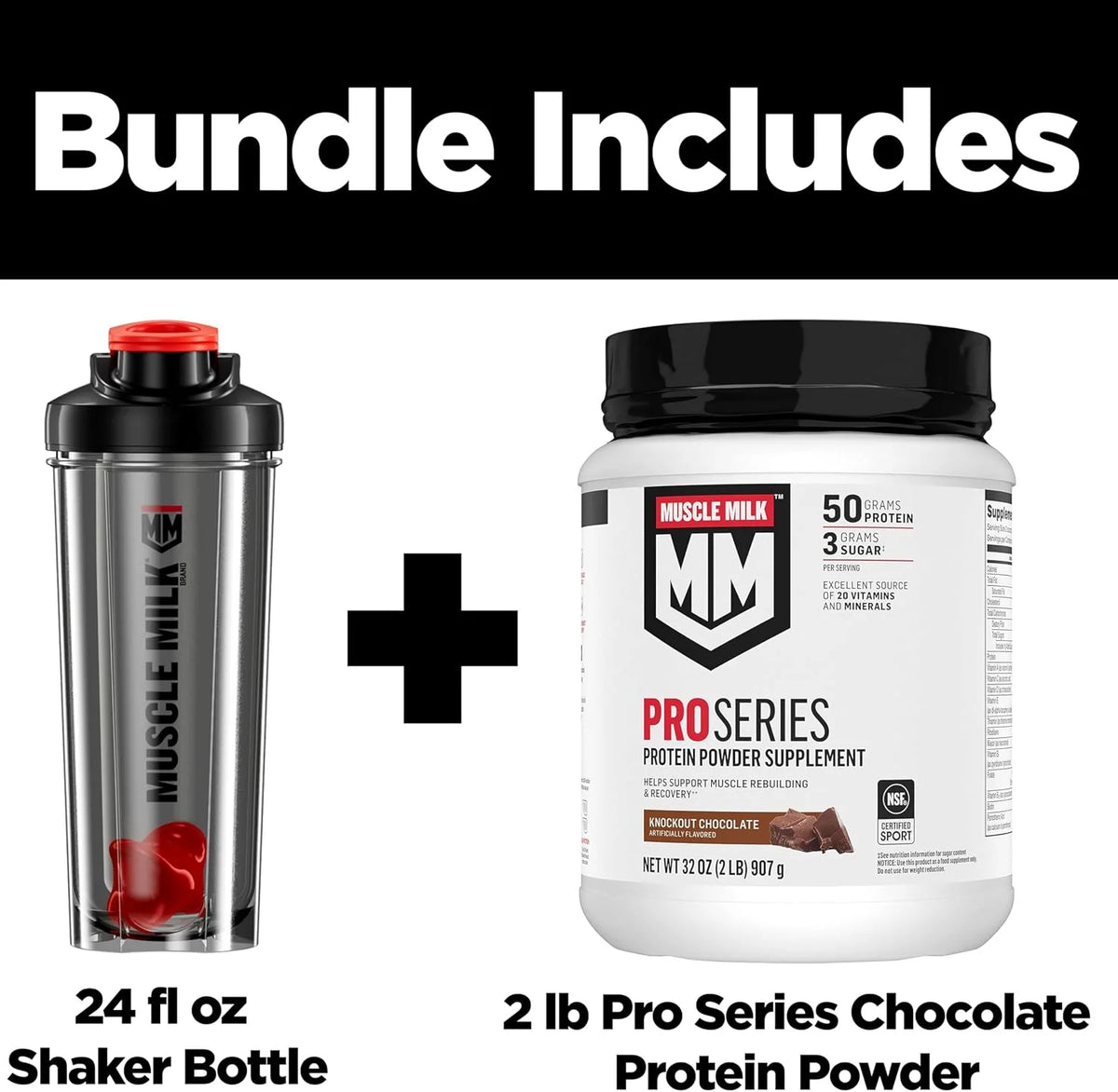 Bundle of Muscle Milk Pro Series Protein Powder Supplement,Knockout Chocolate,2 Pound,11 Servings,50g Protein,3g Sugar + Muscle Milk Blender Bottle, 24 Oz