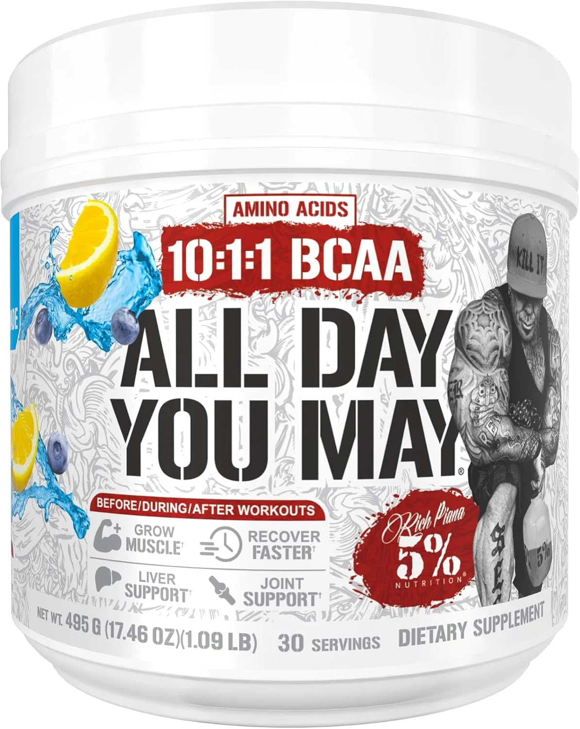 5% Nutrition AllDayYouMay BCAA Powder and EAAs (Peach Tea)