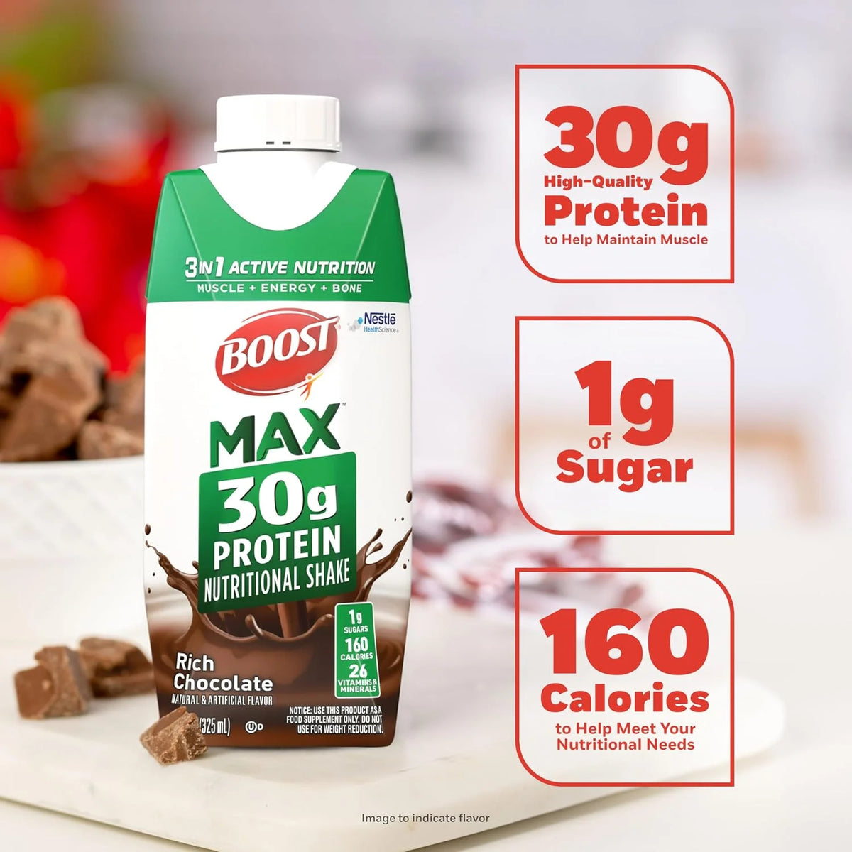 BOOST MAX Protein Shake Ready to Drink, 30g Protein, Chocolate, Bottle, Gluten Free, 26 Vitamins and Minerals, 1g Sugar, 11 fl oz (Pack of 18)