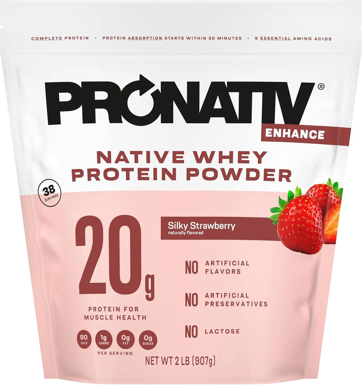 100% Whey Native Protein Powder, Silky Strawberry, 2 lb, Made from Farm Fresh Milk, No Artificial Flavors or Preservatives, for Muscle Health and Recovery, Lactose Free