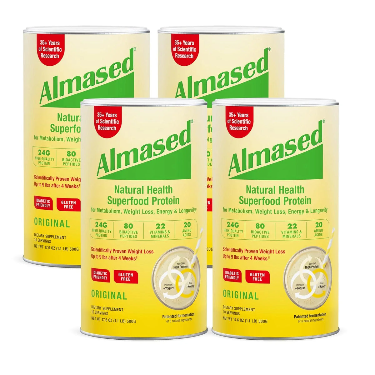 Almased Vanilla Meal Replacement Shake - Low-Glycemic High Plant Base Protein Powder- Nutritional Weight Health Support Supplement - Vanilla Flavor - 17.6 oz (1.1 Pound (4 Pack))