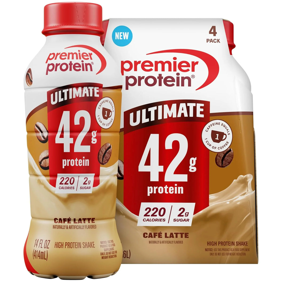 Premier Protein ULTIMATE 42g High Protein Shake +Energy, Café Latte, 4 Pack