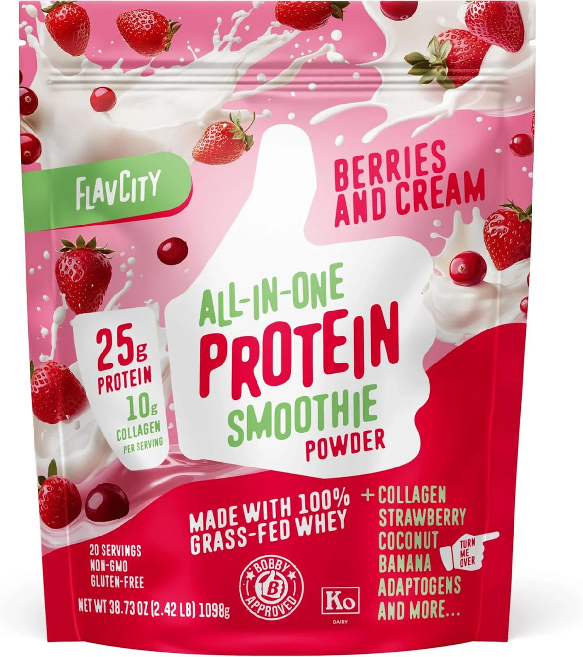 FlavCity All-in-One Protein Smoothie Powder, Berries & Cream, 20 Servings