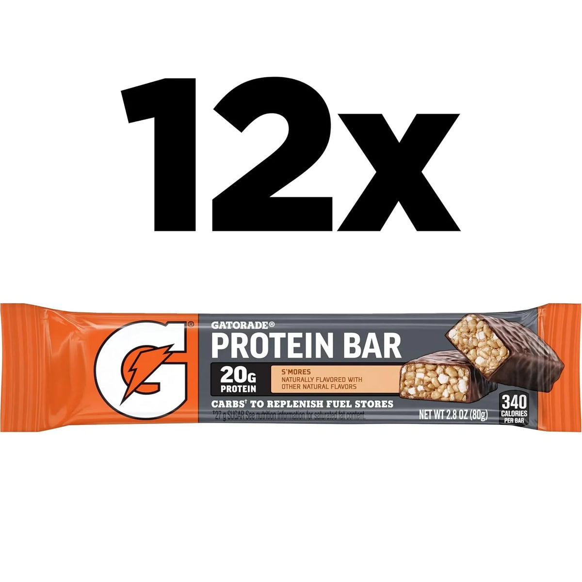 Gatorade Protein Bars, S'mores, 20g Whey Protein, NSF Certified, 2.8 oz Bars, (12 Pack)