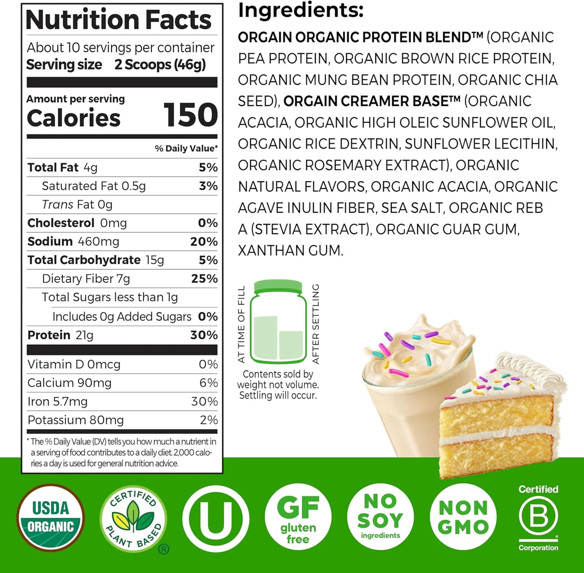 Orgain Organic Vegan 21g Protein Powder, Birthday Cake, 1.02 Pound (Pack of 6)