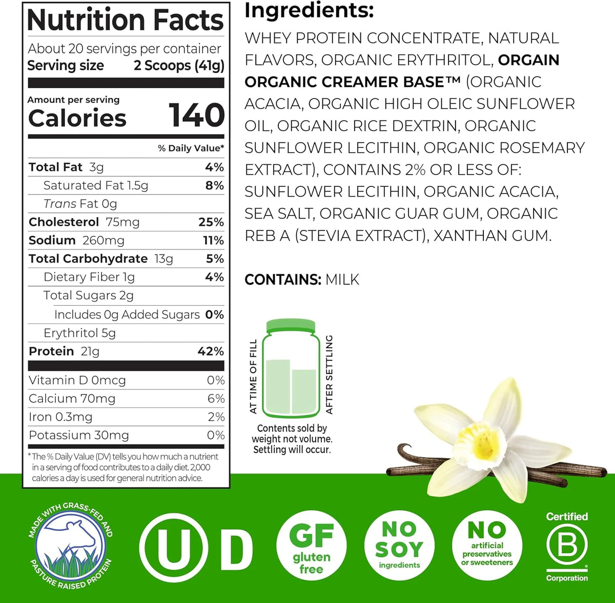 Orgain Whey Protein Powder, Vanilla Bean-21g Grass Fed Dairy Protein, 5g BCAAs, 3g Prebiotic Fiber, No Added Sugar, Hormones, Gluten Free, Kosher, for Shakes & Smoothies - 1.82 Pound (Pack of 12)