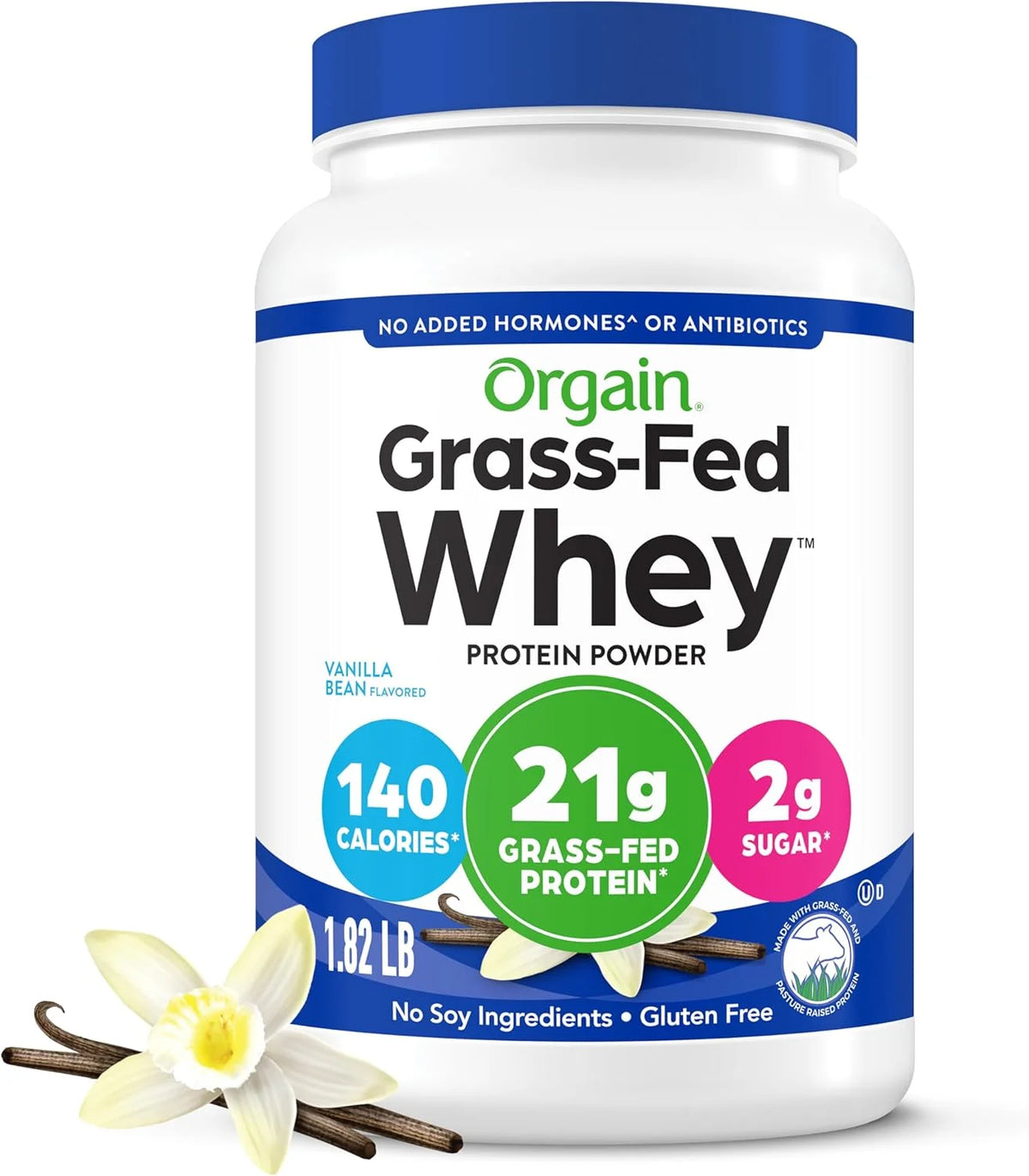 Orgain Whey Protein Powder, Vanilla Bean-21g Grass Fed Dairy Protein, 5g BCAAs, 3g Prebiotic Fiber, No Added Sugar, Hormones, Gluten Free, Kosher, for Shakes & Smoothies - 1.82 Pound (Pack of 12)
