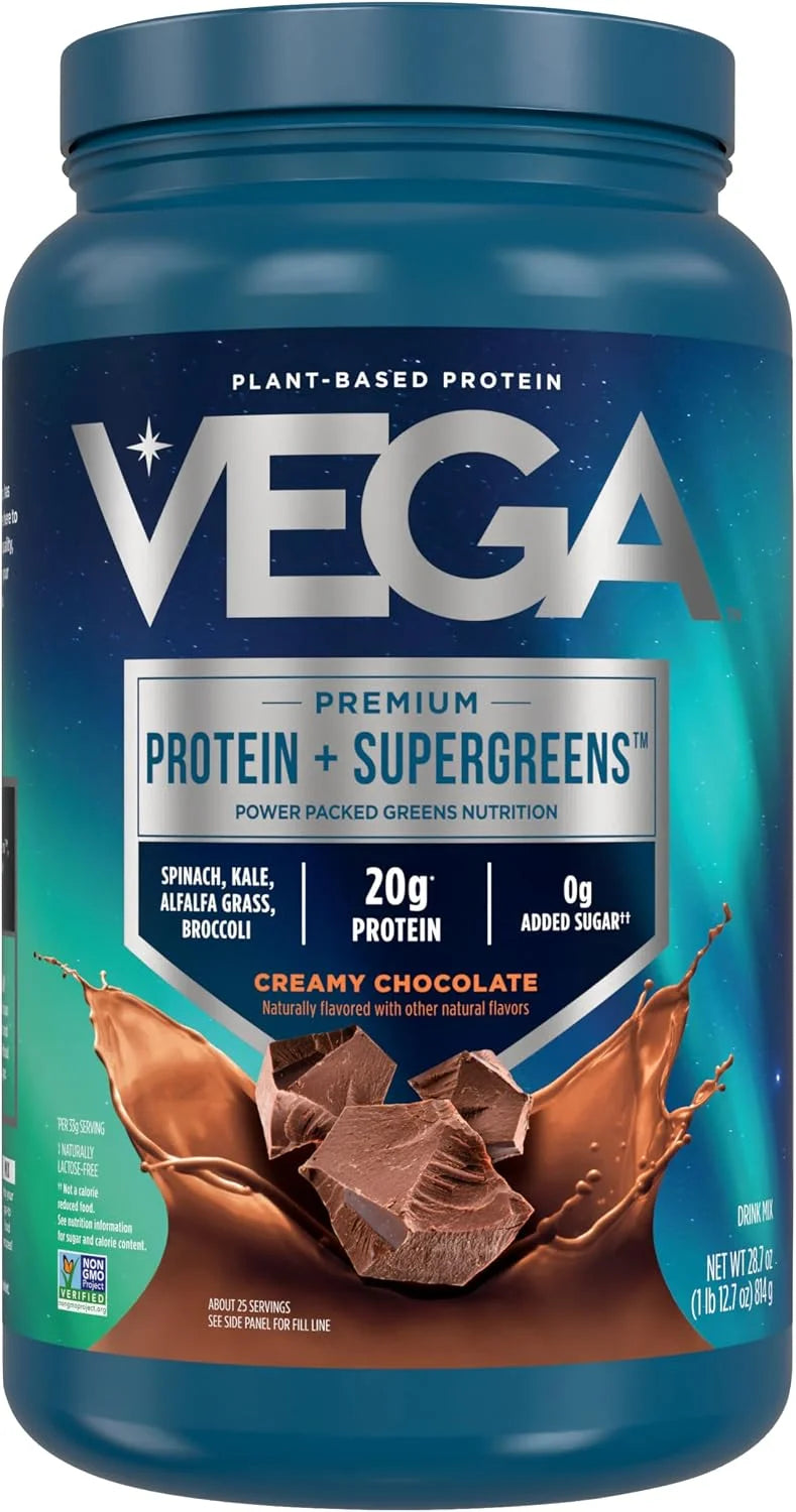 Vega Premium Protein + Supergreens, Chocolate – 20g Vegan Protein, Dairy & Gluten Free, 28.8 oz, 25 Servings (Pack of 12)