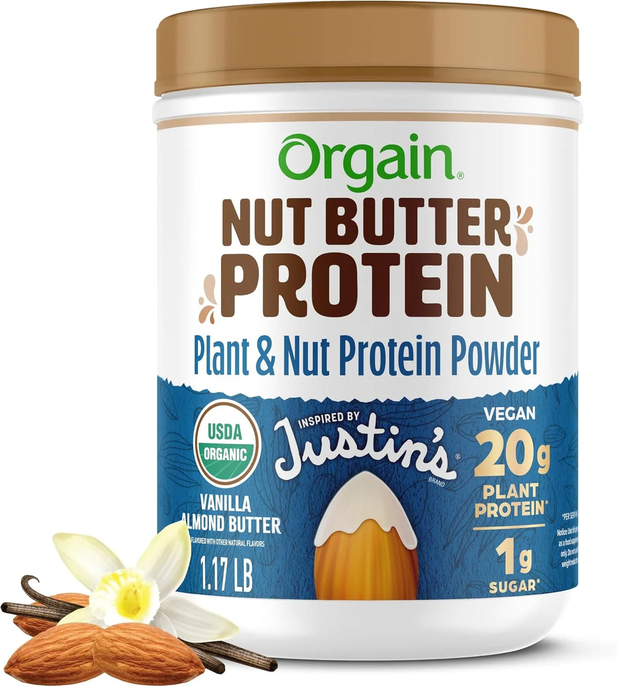 Orgain X Justin's 20g Protein Powder, Vanilla Almond Butter, 1.17 Pound (Pack of 6)