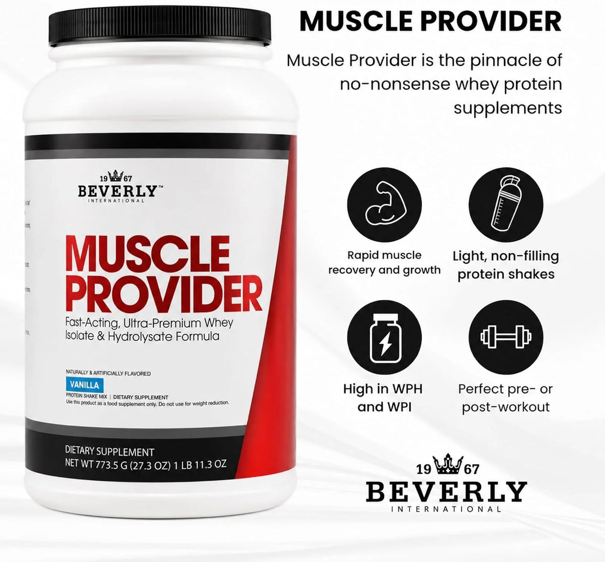 Beverly International Muscle Provider Whey Protein, Vanilla, 28 Servings