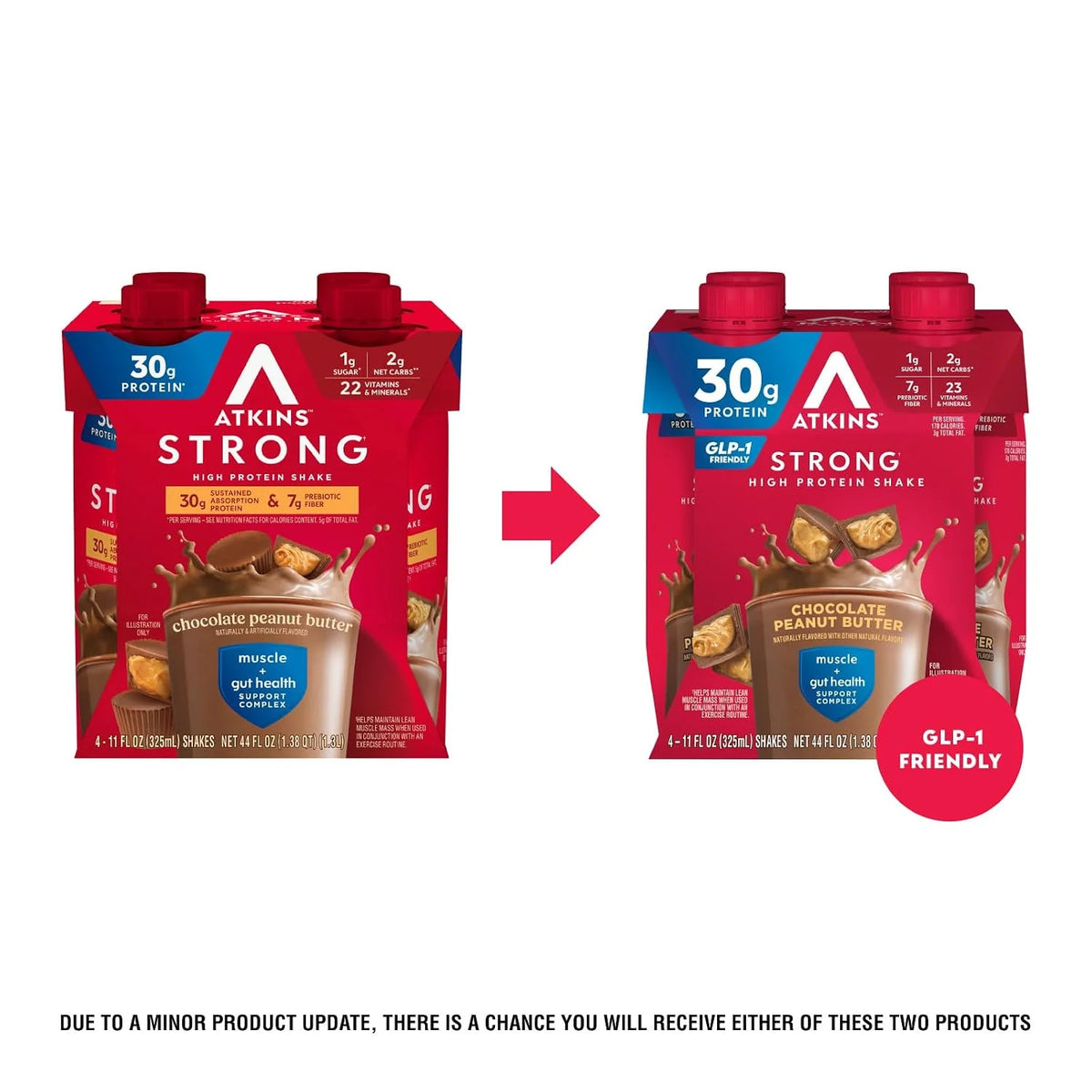 Atkins Strong High Protein Shake, Strawberry Flavored, 30g Protein, 7g Prebiotic Fiber, 1g Sugar Muscle and Gut Health Support, GLP-1 Support, Low Carb and Low Protein Shake, Gluten Free, 12 Count