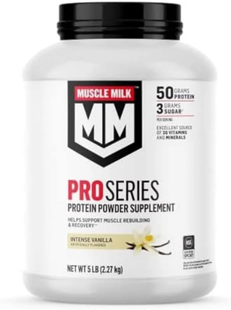 Muscle Milk Pro Series Protein Powder Supplement, Intense Vanilla, 5 Pound, 28 Servings & Pro Series Protein Powder Supplement,Knockout Chocolate,2 Pound,11 Servings,50g Protein