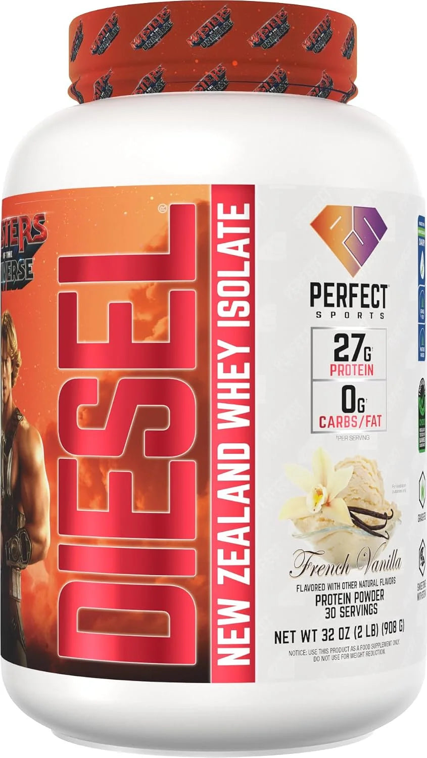 PERFECT SPORTS Masters of the Universe | He-Man | Limited Edition Diesel New Zealand Whey Isolate Protein Powder | 27g Grass Fed Protein, | 2LB (French Vanilla)